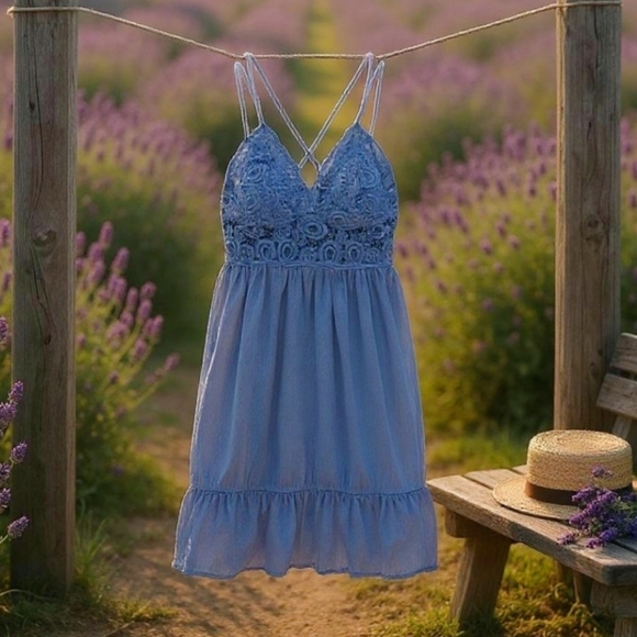 PINK Victoria's Secret Dresses & Skirts - Victoria’s Secret Blue Crochet Dress ✦ XS ✦ Ruffles ✦ Spaghetti Strap Summer NWT